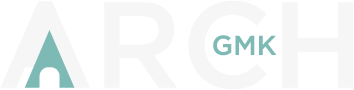 Transparent GMK Arch wordmark with a pale ARCH letterform and teal Arch Linux and GMK marks.