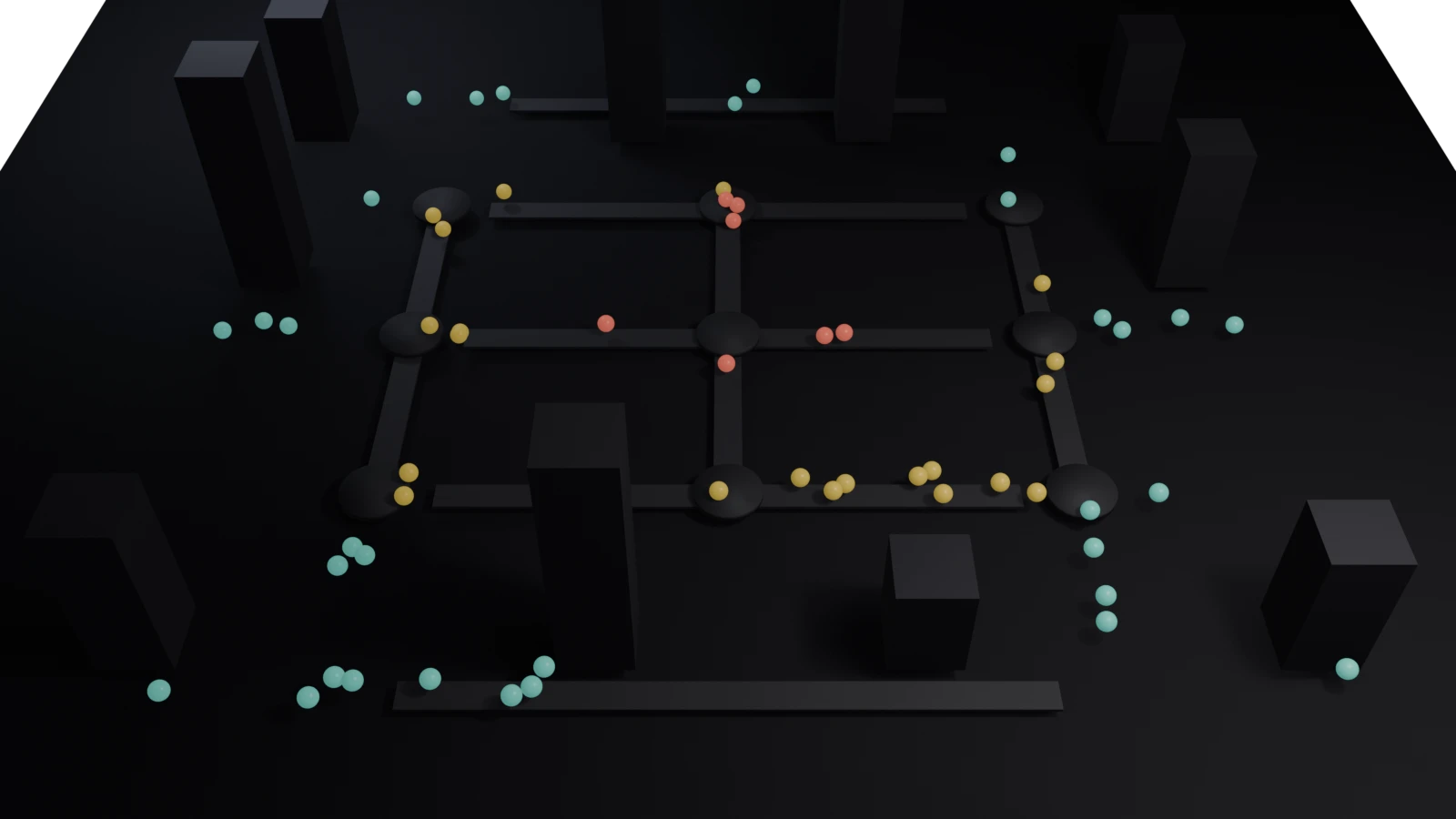 Traffic-simulation study tracing points of interest through A-star routing, a directed road graph, per-road cellular automata, and a WebSocket browser view.