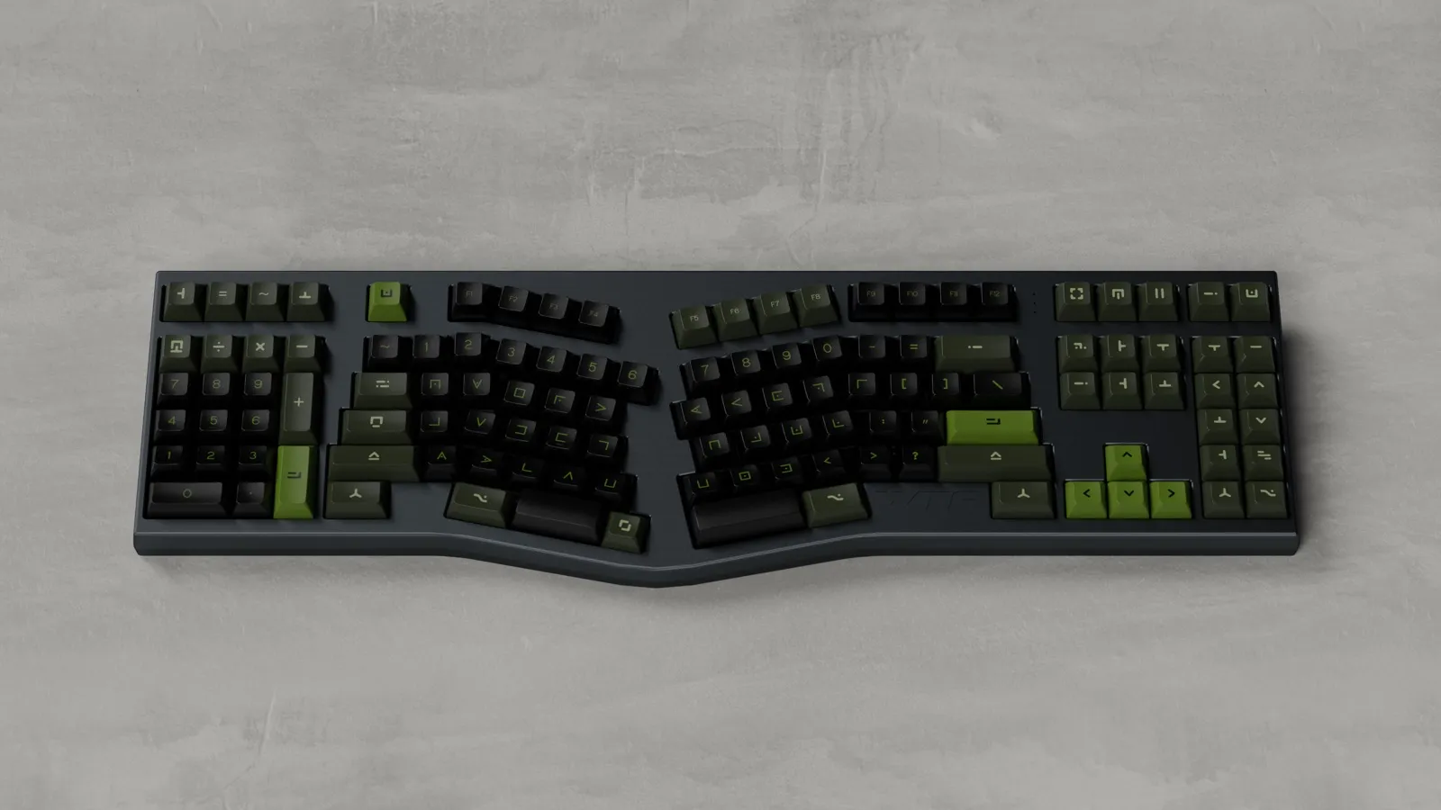 Black WITF Board keyboard shown from above on a warm concrete-colored surface, revealing its split Alice layout.