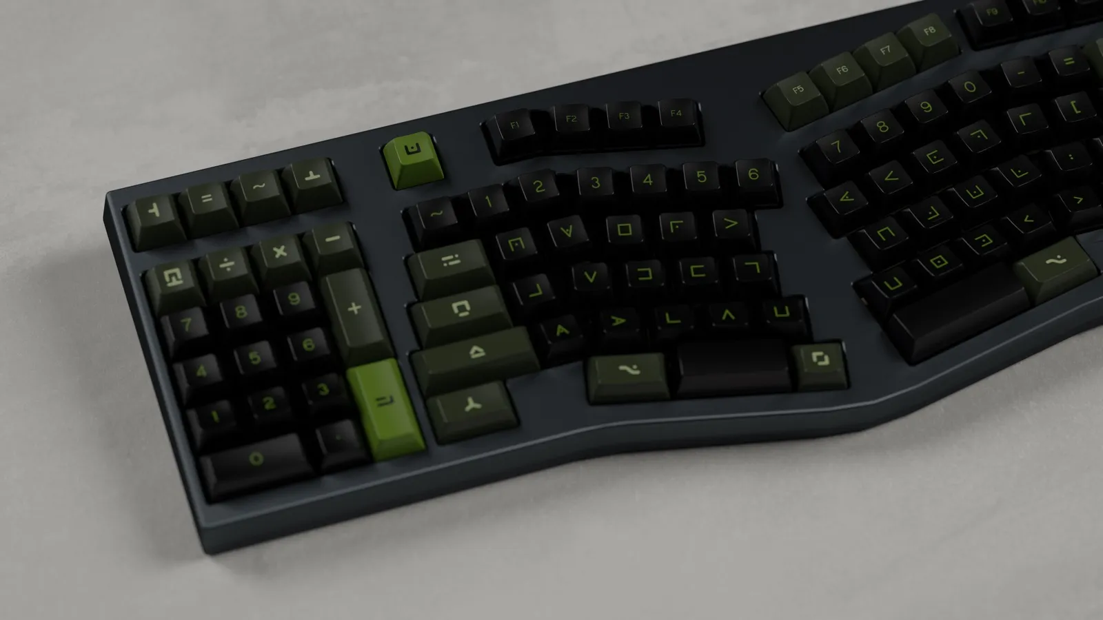 Close view of the black WITF Board showing its left-side number pad, Alice key clusters, and dark green accent keys.