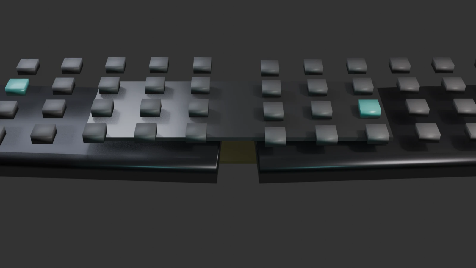 Blender 3D render of WITF Board split Alice keyboard with teal accent keys and brass weight.